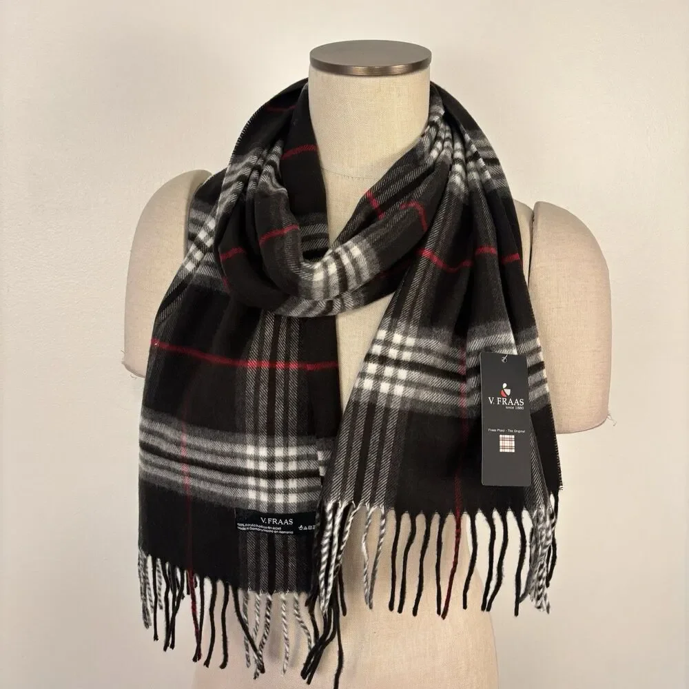 NWT V. Fraas Black White Red Plaid Acrylic Germany Made Rectangular Unisex Scarf